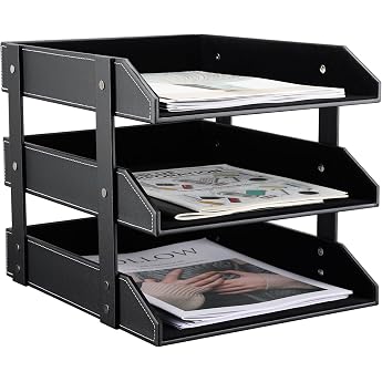 KINGFOM A4 Leather Letter Tray (3 Drawers Black)