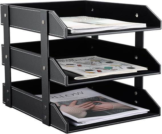KINGFOM A4 Leather Letter Tray (3 Drawers Black)