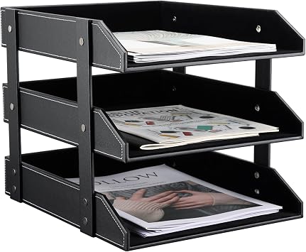 KINGFOM A4 Leather Letter Tray (3 Drawers Black)