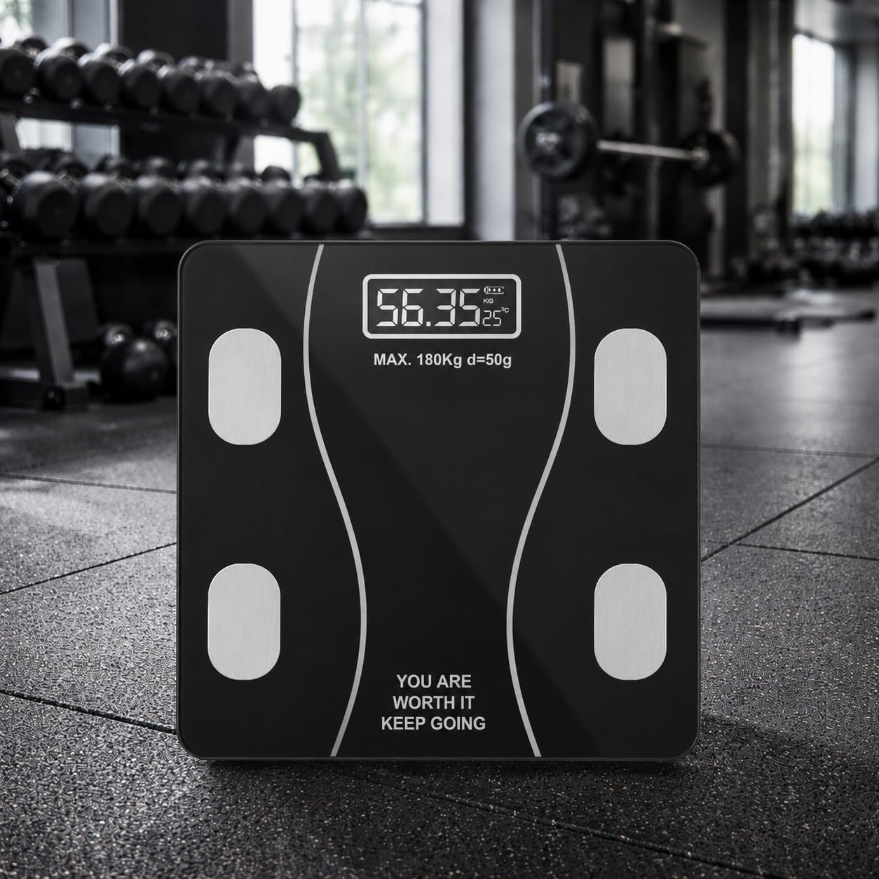 digital bathroom scale for body weight with backlit lcd display, high precision tempered glass weighing machine, 180kg capacity, black