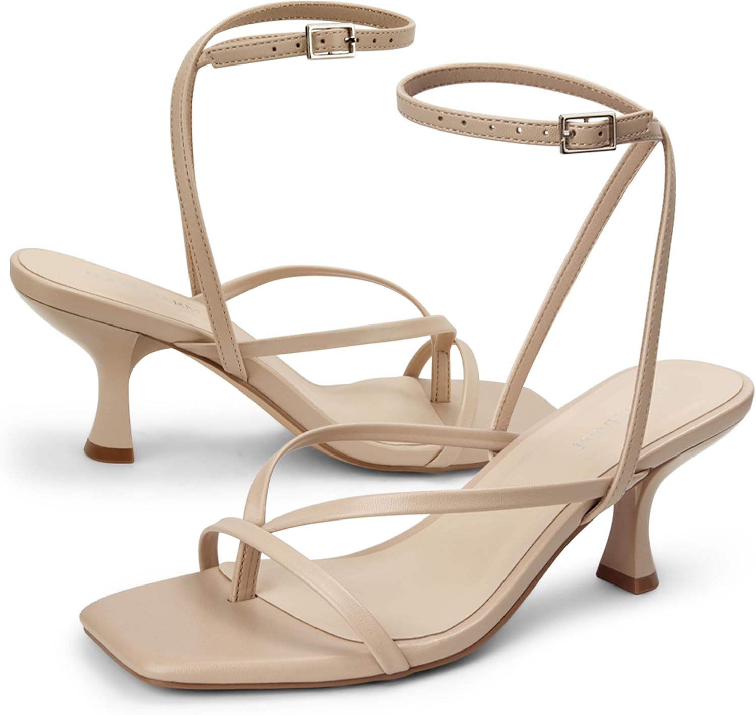 Women's Kitten Heel Strappy Open Square Toe Thong Ankle Strap Heels for Wedding,Nude Pu,7.5 - Image 5