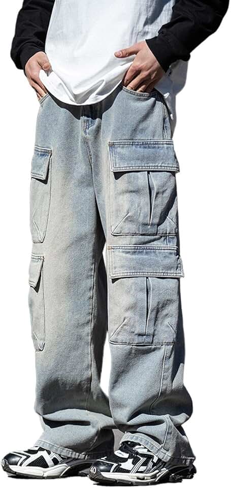 HBER Baggy Cargo Jeans Men Teen Boys Casual Loose Jeans Flap Pockets Y2k Denim Pants 90s Hip Hop Streetwear