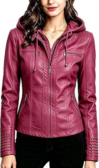 Faux Leather Jacket for Women Biker Jacket with Hood Womens Motorcycle Jacket