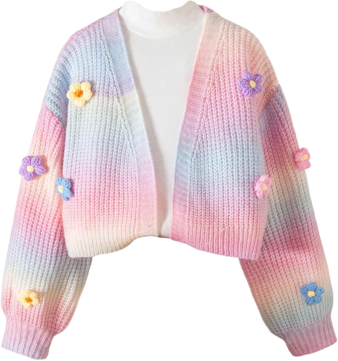 SHENHE Girl's Cute Flower Cardigan Open Front Chunky Knit Colorful Cropped Cardigan Sweater