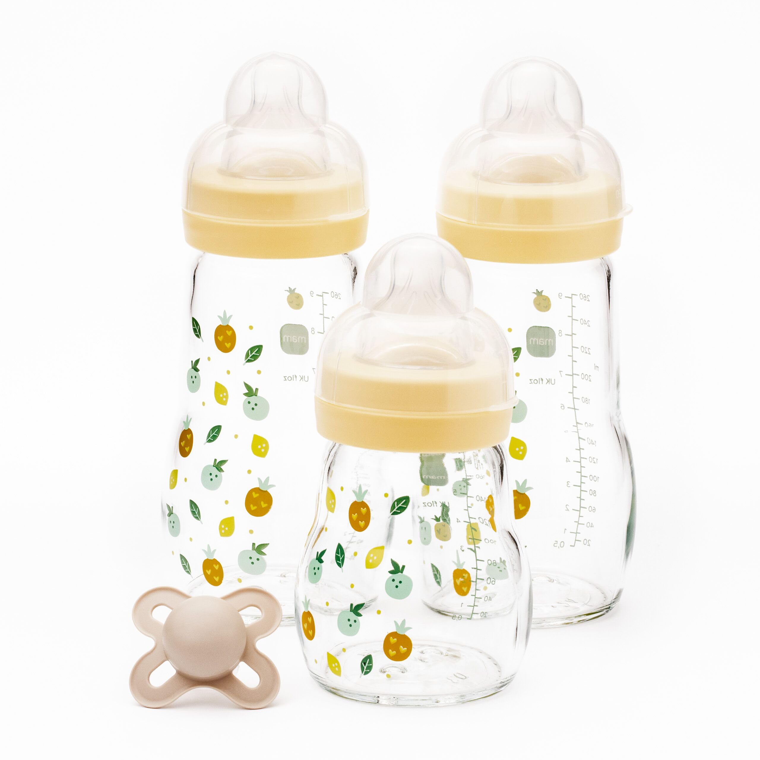 MAM Glass Bottle and Dummy Set, 4 Pieces, Yellow
