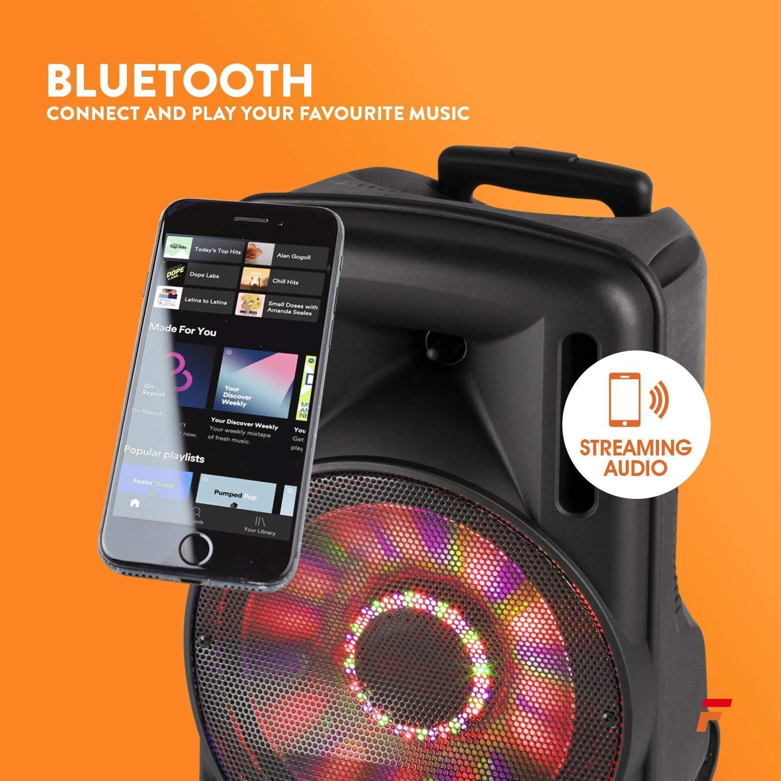 FENTON FT12LED Cassa Attiva 12” 700W BT/USB/SD/AUX LED Batteria Trolley