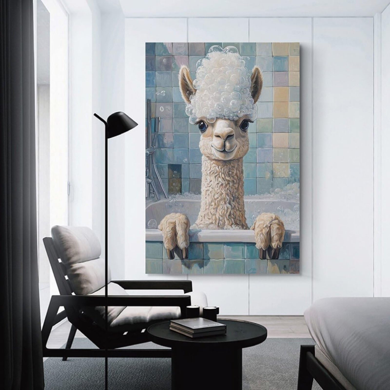 Junmoney Alpaca Bath Time Canvas Art Print 24x36inch(60x90cm), for Bedroom Decor, Cosy Corners Or Studios, An Easy Wall Refresh for Bedrooms