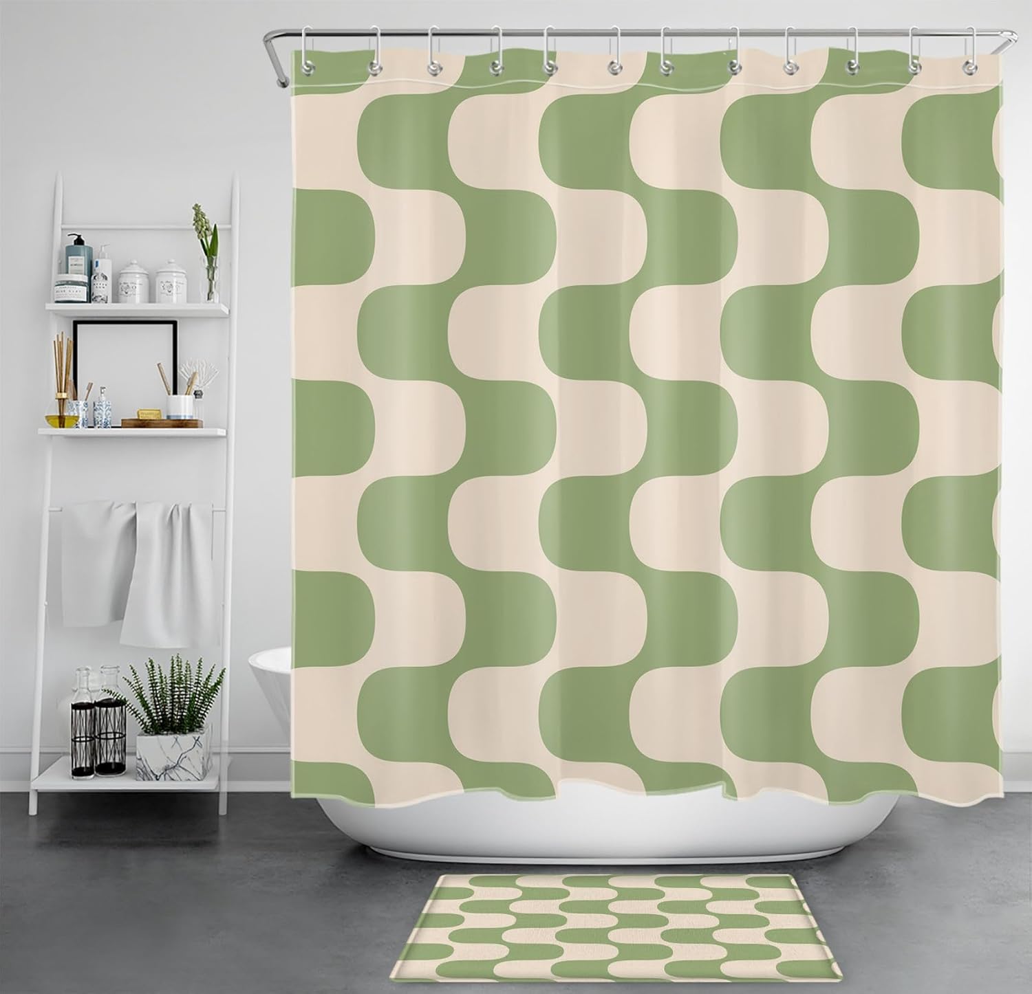 LB Sage Green Striped Shower Curtain, Beige Textured Abstract Geometric Modern Boho Shower Curtain and Rug Set, Washable Waterproof Fabric Bathroom Curtains with Hooks,72x72 inch