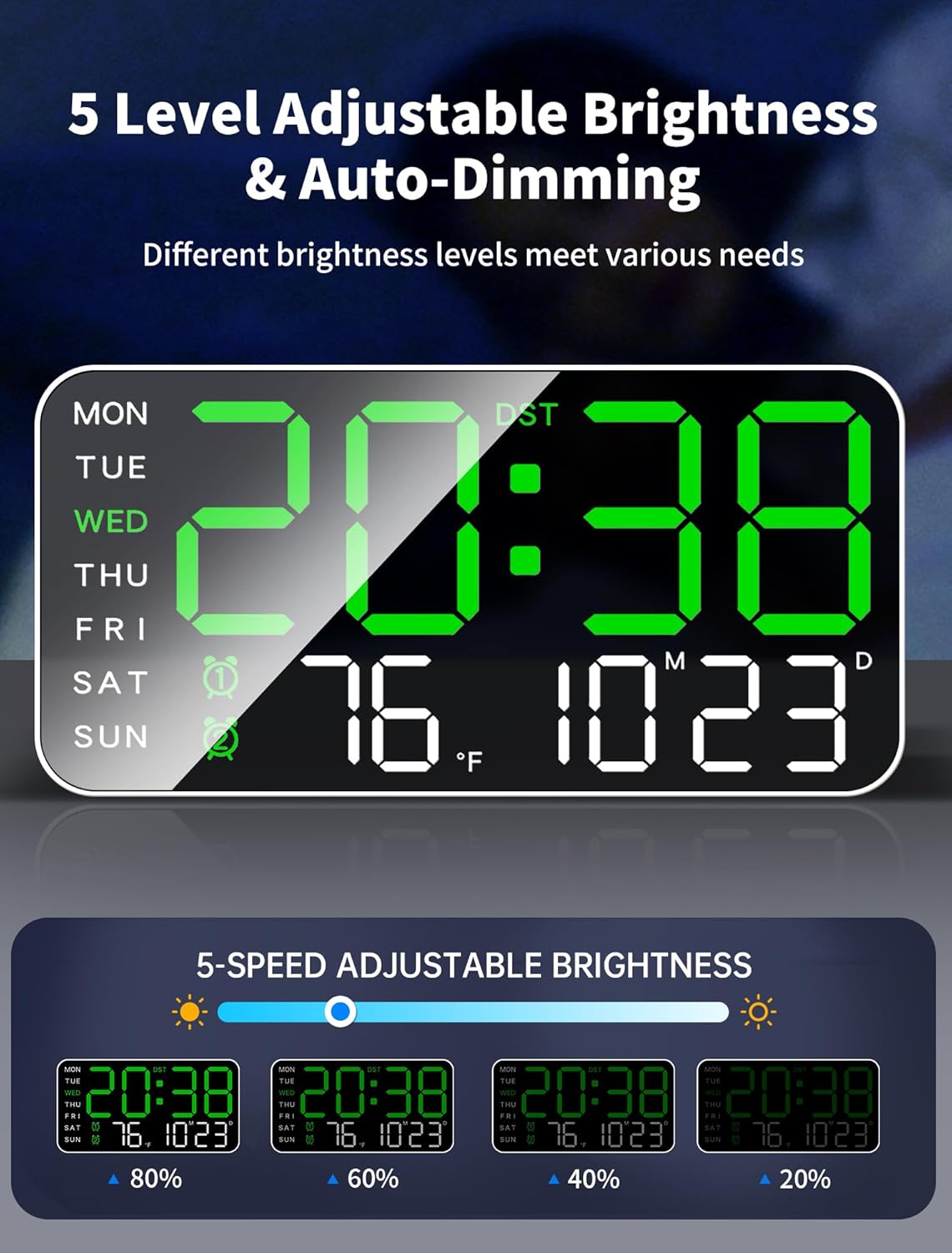 MASHI Digital Wall Clock showing 5 levels of adjustable brightness and auto-dimming feature. Displays brightness levels at 80%, 60%, 40%, and 20% intensity.