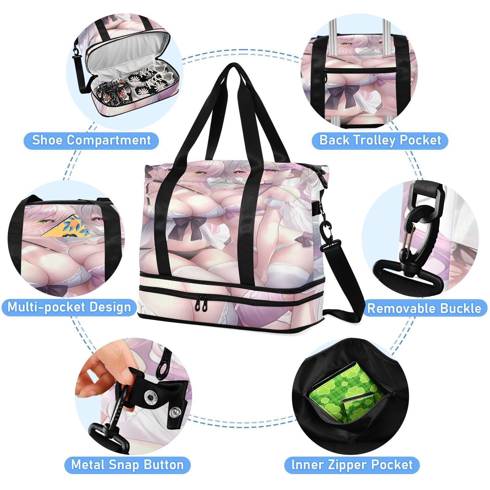 Sexy Anime Girl Axotic Suit Travel Hand Bag with Wet Pocket Adjustable Strap Gym Duffel Bag for Travel Waterproof for men women