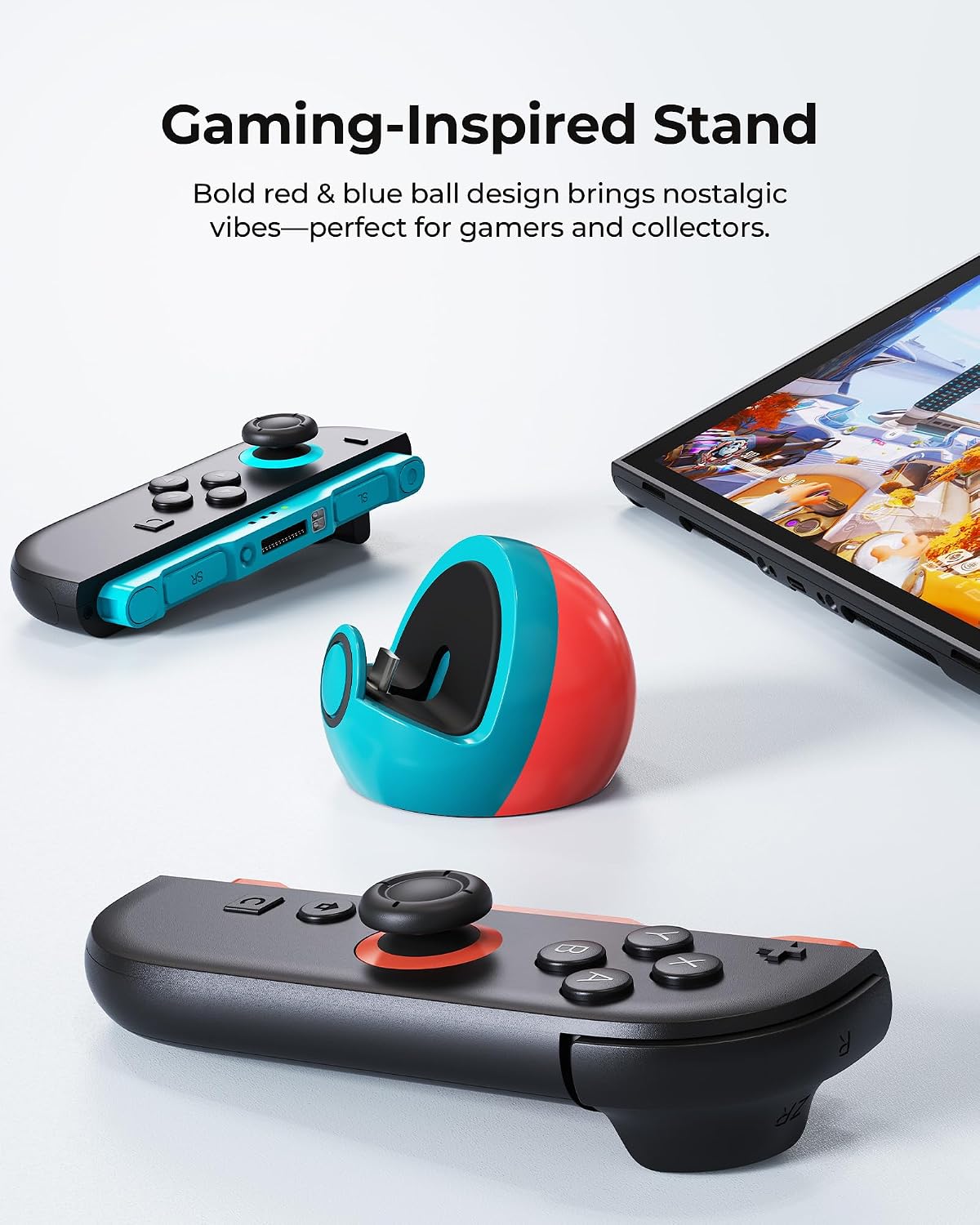 Charging Stand for Switch 2, Switch, Lite & OLED, No TV Output | Small Cute Spherical USB-C Charging Dock Station, Portable Game Accessories & Desk Decor, Gift for Switch2 Gamers, Red & Blue
