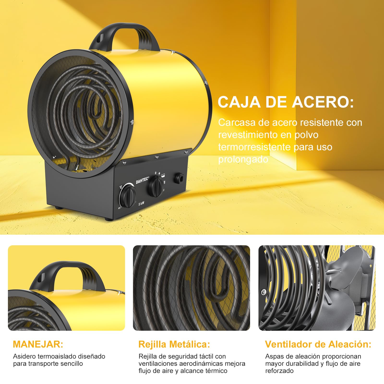 Calefactor 5000W - Calentador Electrico Portatil - Con Asa, Termostato y Protección Contra Sobrecalentamiento - Apto para Garajes, Tallers