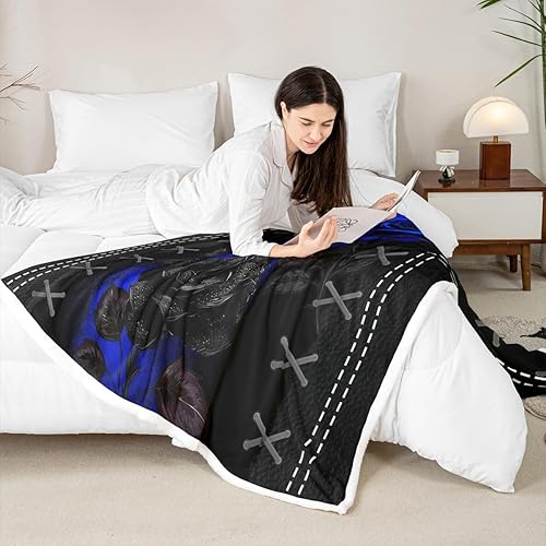 Miniatura 5 de Manfei Manta de rosas azul rey, manta para cama de flores negras, para decoración de habitación de niños, niñas, adultos, manta floral botánica para