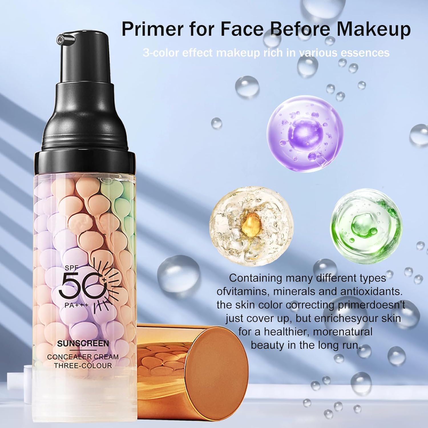 Xiuxixu 3-in-1-Grundierung für das Gesicht vor dem Make-up, Sonnencreme mit LSF 50, Farbkorrektur in einem Schritt, verwischt Unvollkommenheiten, kontrolliert Fett, spendet Feuchtigkeit und