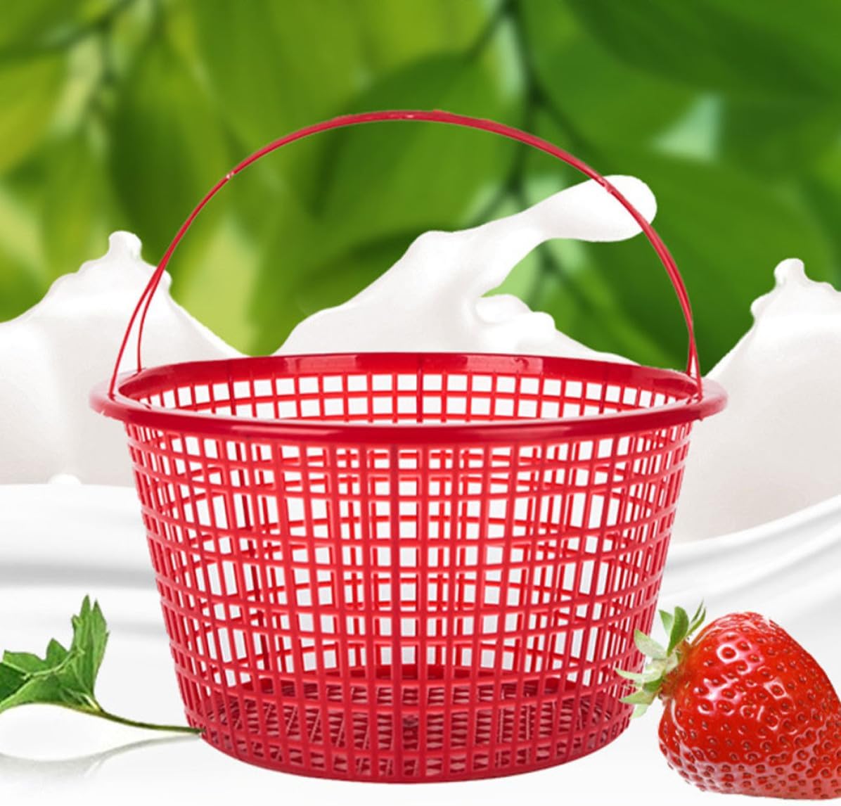 BETOOKY 10pcs Plastic Round Fruit Basket with Handle for Strawberry and Berry Picking, Lightweight and Practical Grocery Basket for Home and Supermarket Use