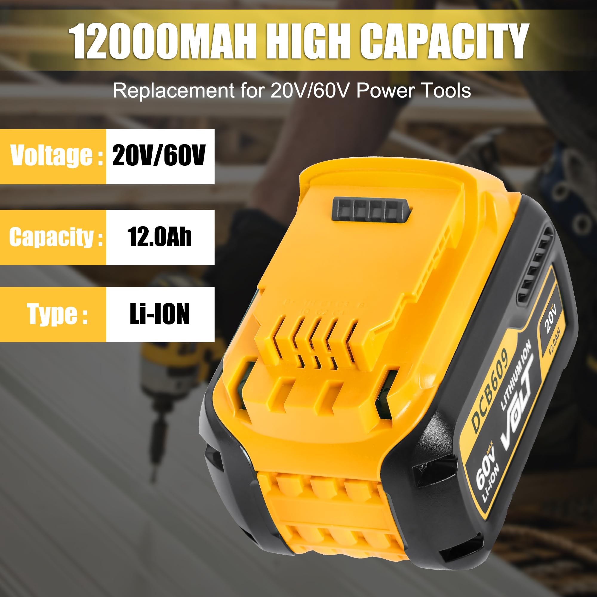 2-Pack 12 0Ah Replacement Battery for DeWalt FlexVolt 20V 60V Max Compatible with DCB606 DCB609 DCB612 DCB200 DCB205 — view 2