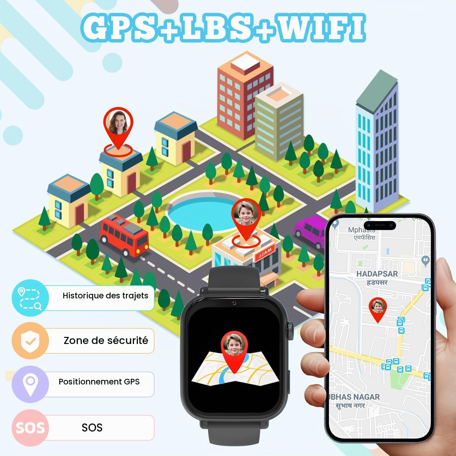 PTHTECHUS Montre Connectée pour Enfant 4G, Montre Intelligente Enfants GPS pour Fille Garçon avec SOS Chat Appel Vidéo Chronomètre Mode Classe Réveil, Smartwatch Téléphone Cadeau 4 à 12 Ans (Noir-S2)