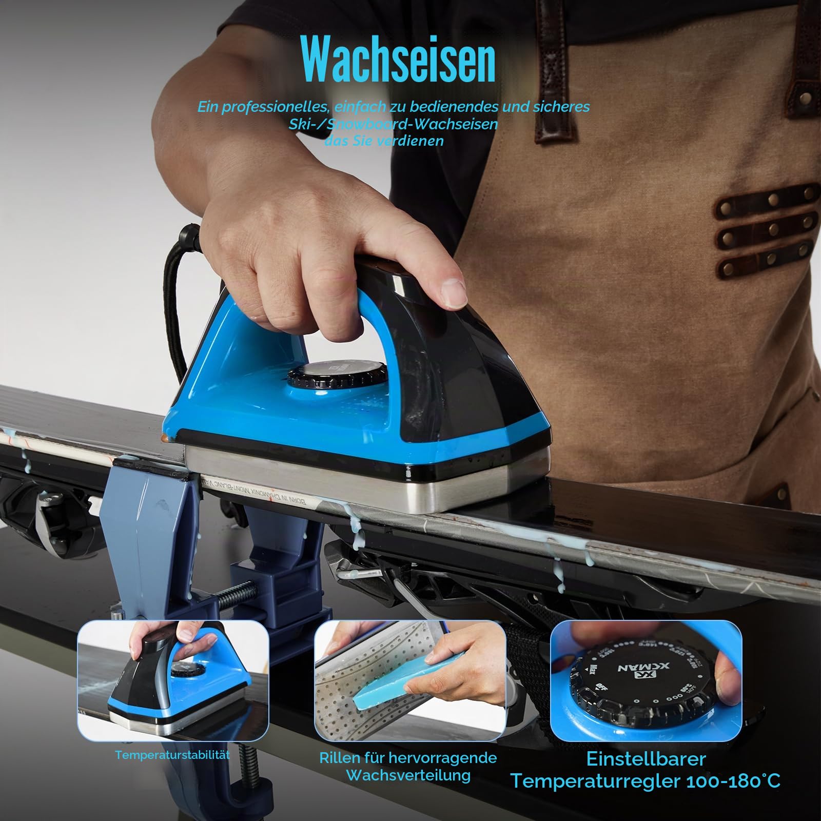 XCMAN Komplettes Ski-/Snowboard-Tuning-Kombi-Set mit Wachseisen, Skiwachs, Seitenbodenkanten-Stimmgerät, Ptex-Basis-Reparatur, Gummistein, Diamantsteine für Ski, Snowboard, EdgeTuning