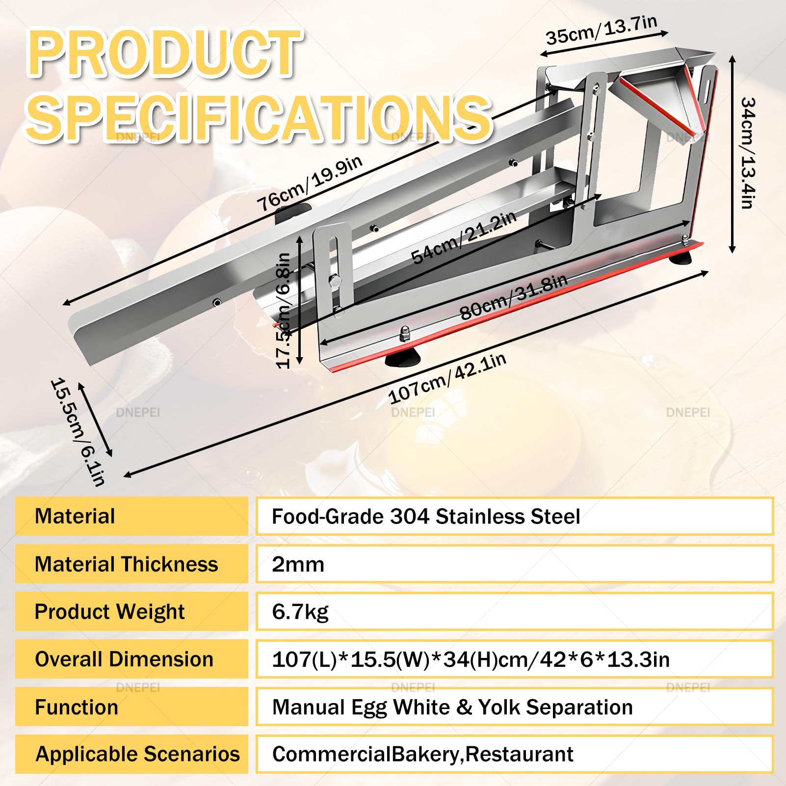 Separatore regolabile per uova, in acciaio inox, con spazio variabile per una separazione più veloce, 600-1000 uova/ora, ideale per uso in panetteria