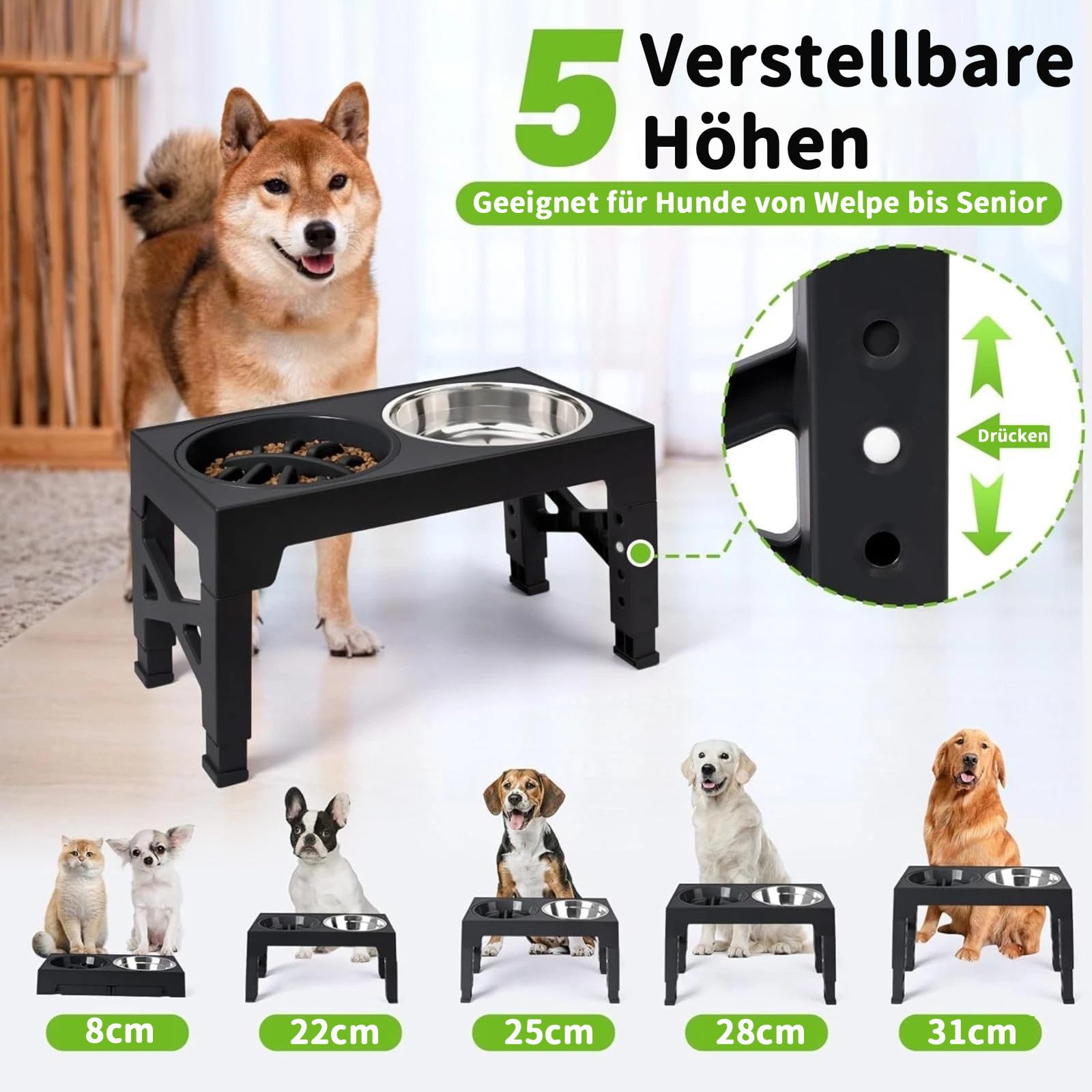 Gamelle surélevée pour chien, 5 hauteurs réglables, pour chiens de petite, moyenne et grande taille, 2 grands bols en acier inoxydable épais, 1 gamelle antidérapante lente (2 gamelles en acier