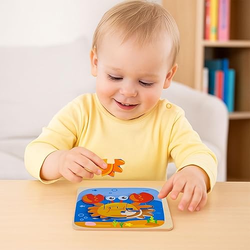 Miniatura 2 de LovesTown Rompecabezas de madera para niños pequeños, rompecabezas Montessori de animales marinos, juguetes educativos de aprendizaje preescolar