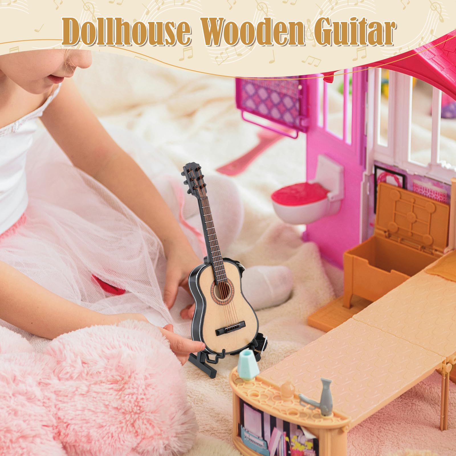 Mini Guitare électrique 1/6 En Bois – 18 Cm, Avec Support Et Sangle – Déco Et Jouet