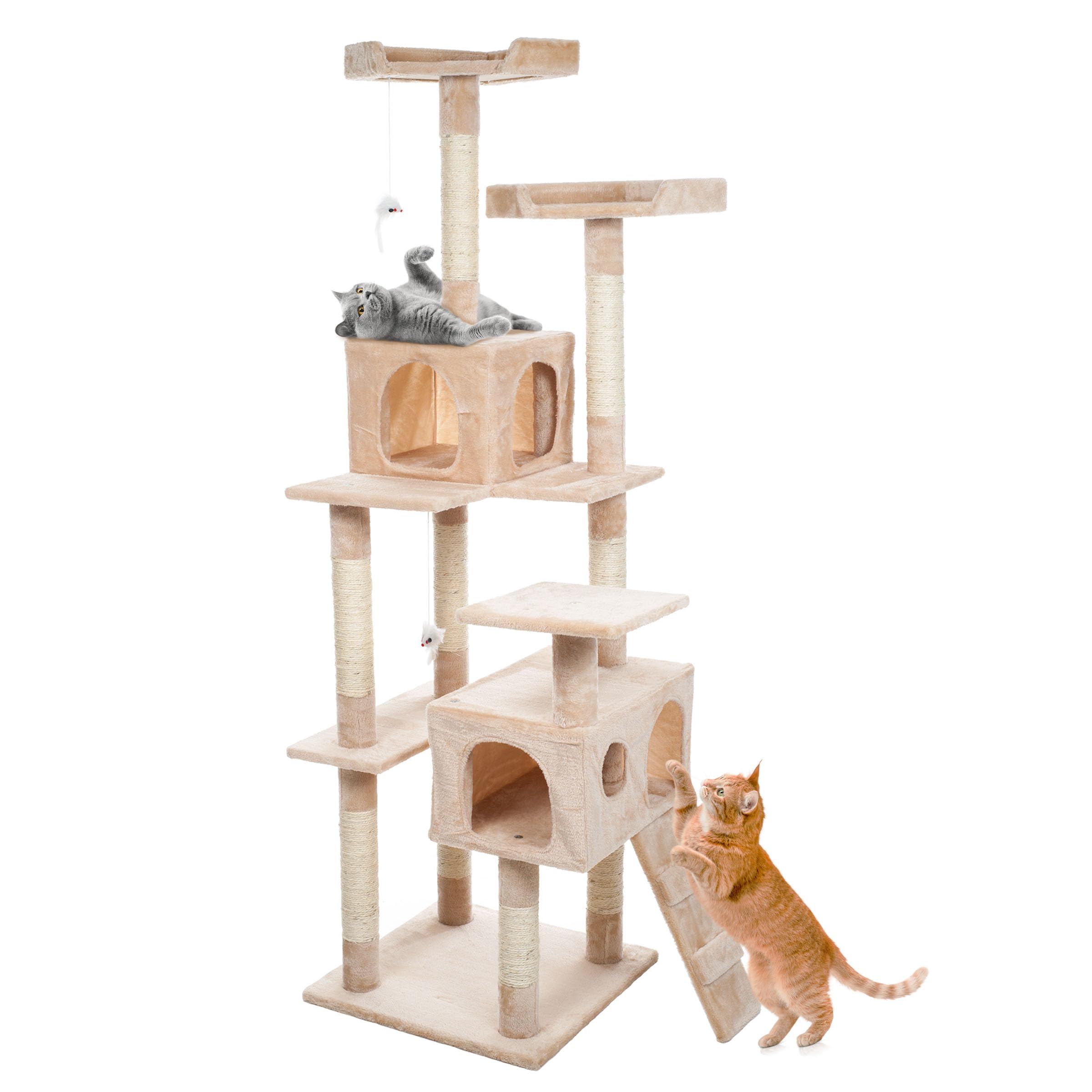 Cat Tree - 5.5-Foot Cat Tower for Indoor Cats with Perches, 2 Condos, 9 Cat Scratching Posts, 2 Hanging Toys, and 2-Step Ladder by PETMAKER (Beige)