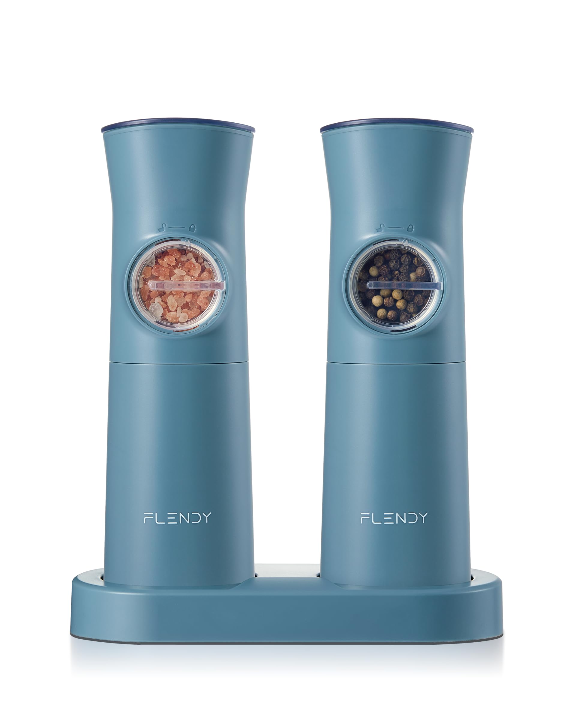 Flendy Schwerkraft elektrische Salz und Pfeffermühle Set, 2er-Set Wiederaufladbare elektrische Salz und Pfefferstreuer mit USB-C Ladestation, Gewürzmühle elektrisch für trockene Gewürze