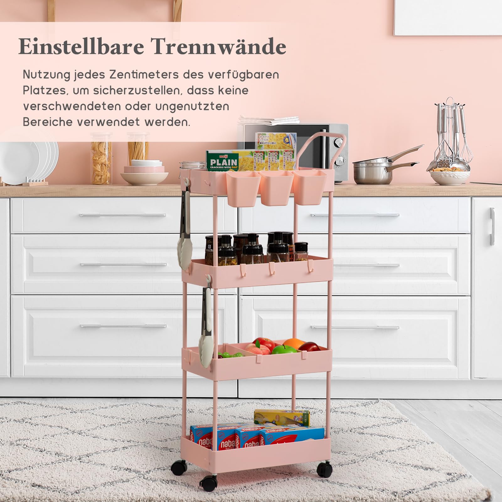 danpinera Chariot de rangement fin, chariot de salle de bain à 4 niveaux – Chariot à linge étroit avec roulettes, diviseurs, tasses suspendues, crochets, poignée, chariot de maquillage – Étagère de