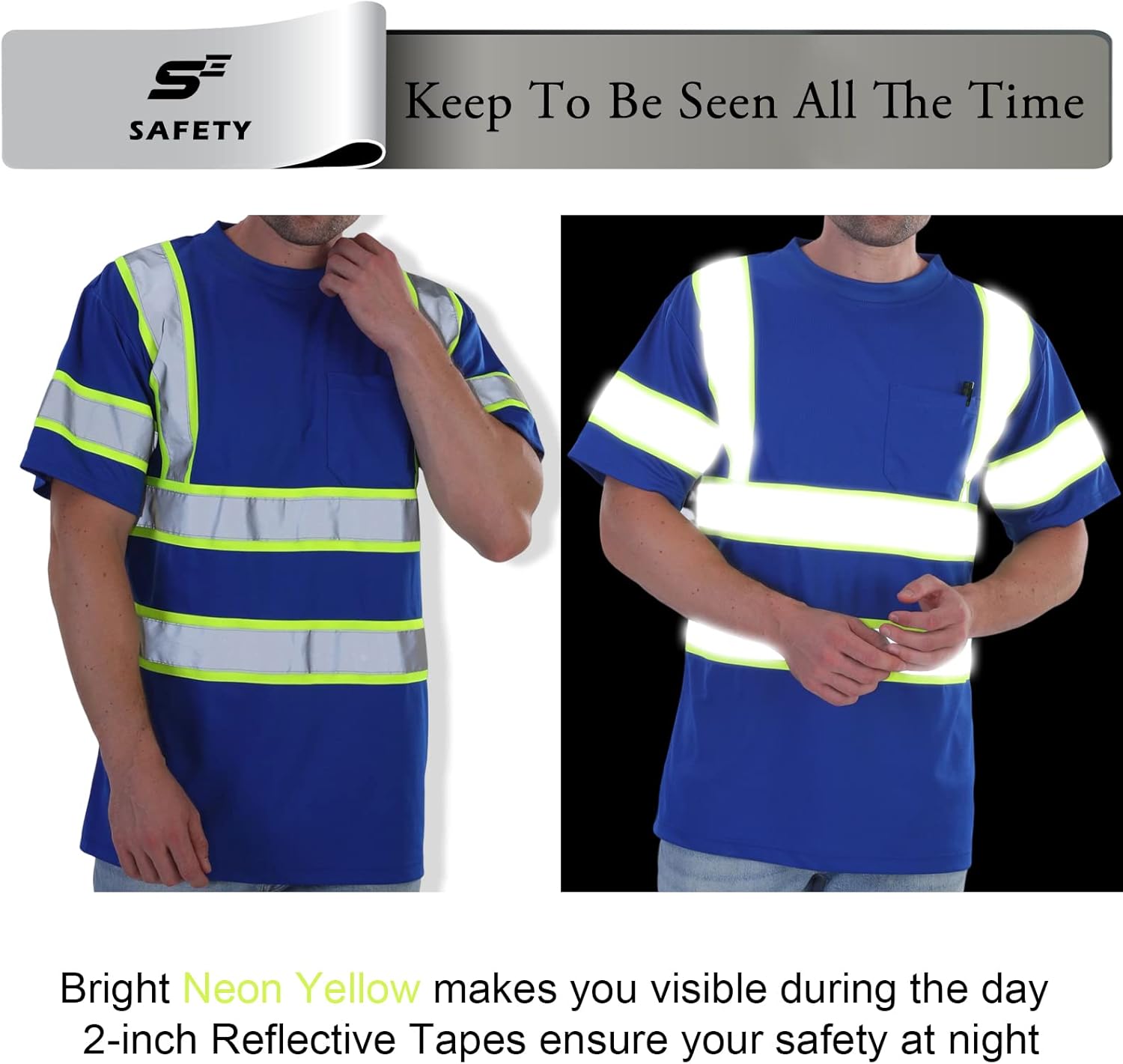 sesafety High Visibility Shirts for Men Class 3 Hi Vis Reflective Construction Shirts for Men with Pocket Safety T Shirts for Men Work Shirts for Men Short Sleeve Blue Yellow Strips XL : Tools & Home Improvement
