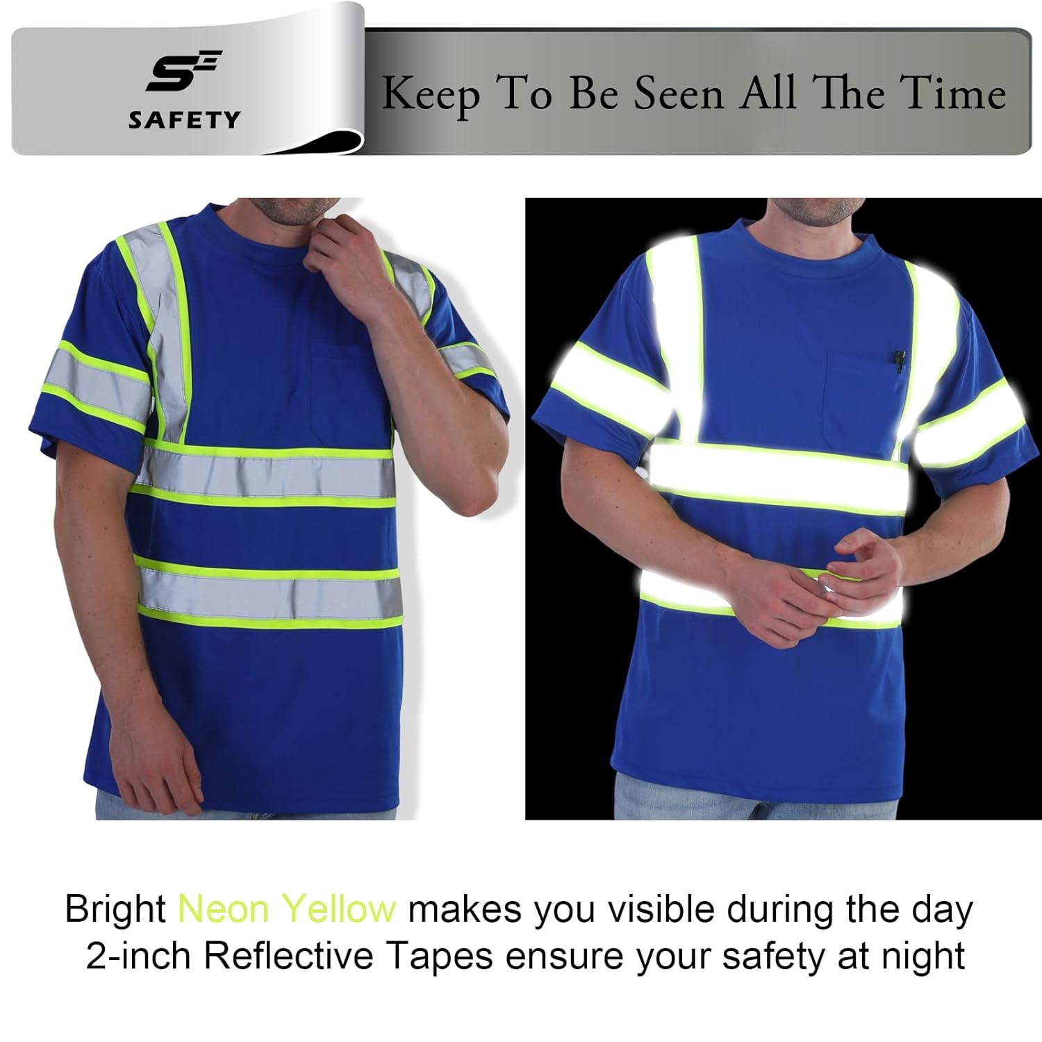 sesafety High Visibility Shirts for Men Class 3 Hi Vis Reflective Construction Shirts for Men with Pocket Safety T Shirt for Mens Work Shirt for Mens Short Sleeve Blue Yellow Strips 2XL - Image 4
