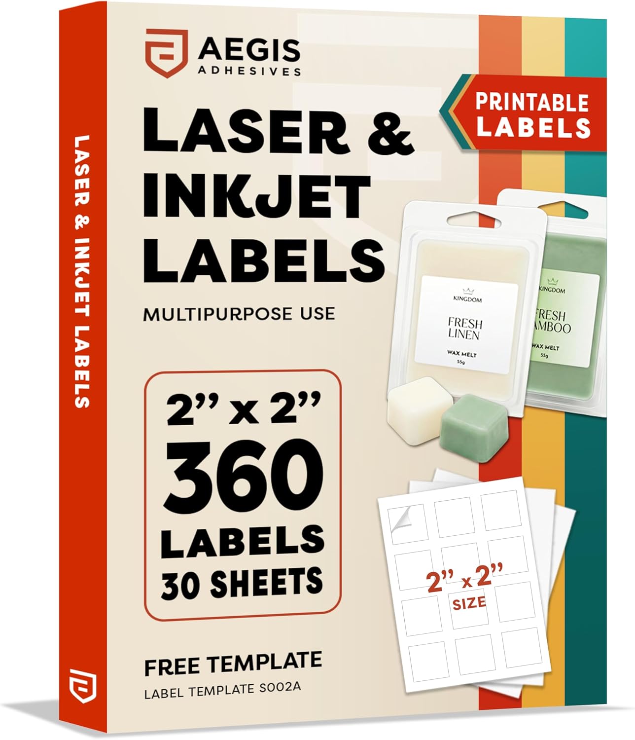 2" X 2" Square Printable Labels for Inkjet and Laser Printers - 500 Sheets, 6000 Matte White Custom Stickers for Business Logos, QR Code Stickers, Product Labeling - Aegis Adhesives Template S002A