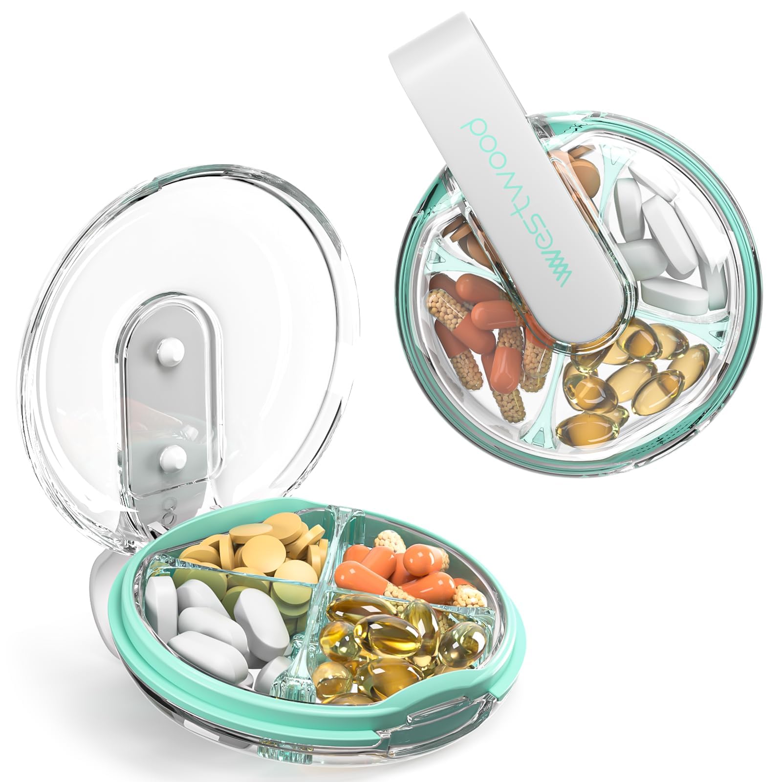 NALACAL4 Compartment Travel Pill Organizer, Cute Small Pill Box, Pocket Pharmacy for Purse or Pocket, Portable Daily Pill Case Moisture Proof for Vitamin Cod Liver Oil Supplements Medication White