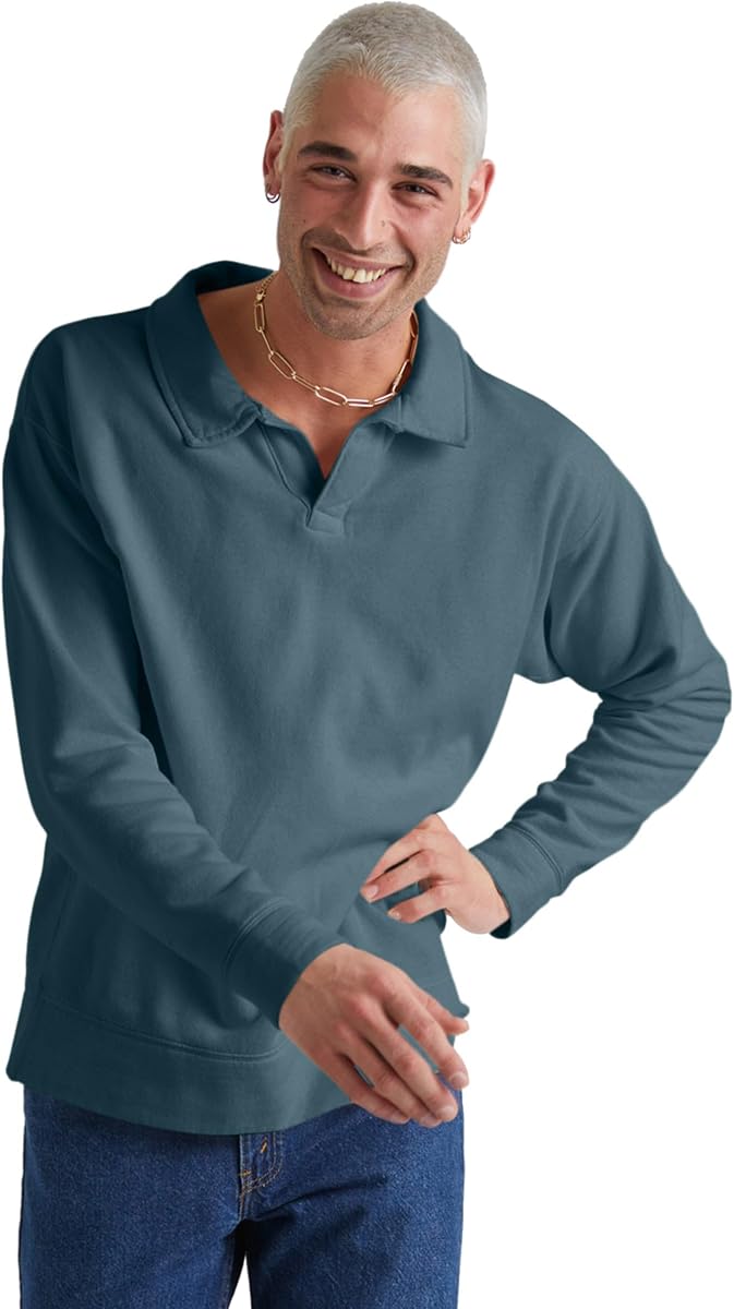 Hanes Men's Originals Fleece Polo Shirt, Garment Dyed Shirt for Men, Cotton Polo Shirt