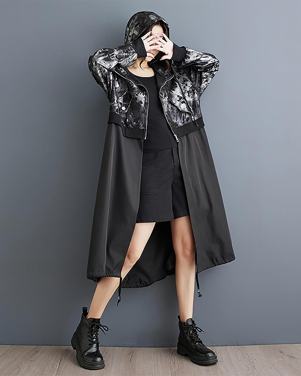 ellazhu Women's Coat Long Sleeve Drawstring Black Color Pattern Hooded Zipper Two Side Pockets Loose GZ296 A