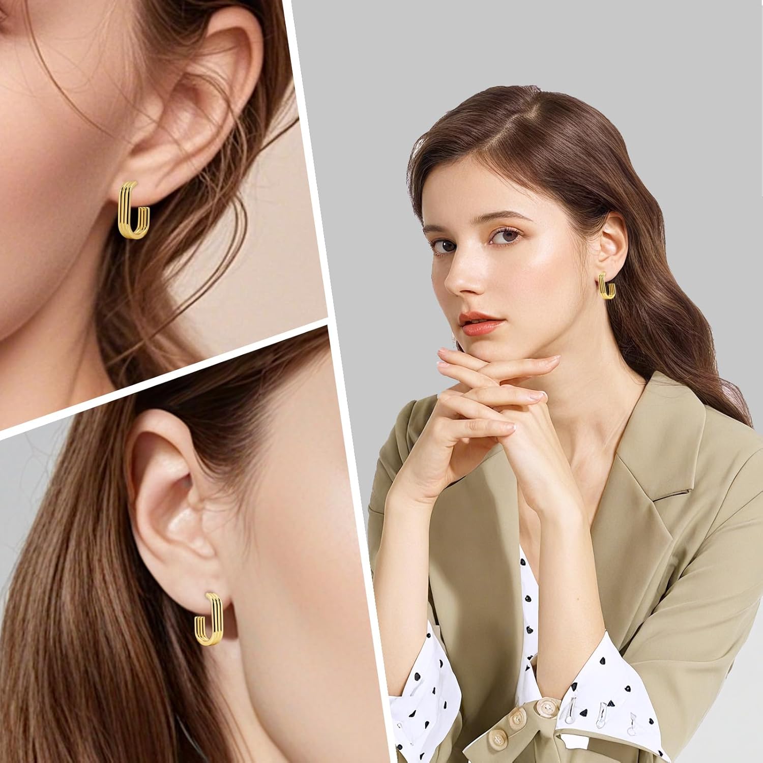 Small Gold Triple Hoop Earrings for Women, 14K Gold Plated U-Shaped Dangle Jewelry, Hypoallergenic Open Huggie Hoop Design, Trendy Statement Piece for Daily & Party Wear - Image 5