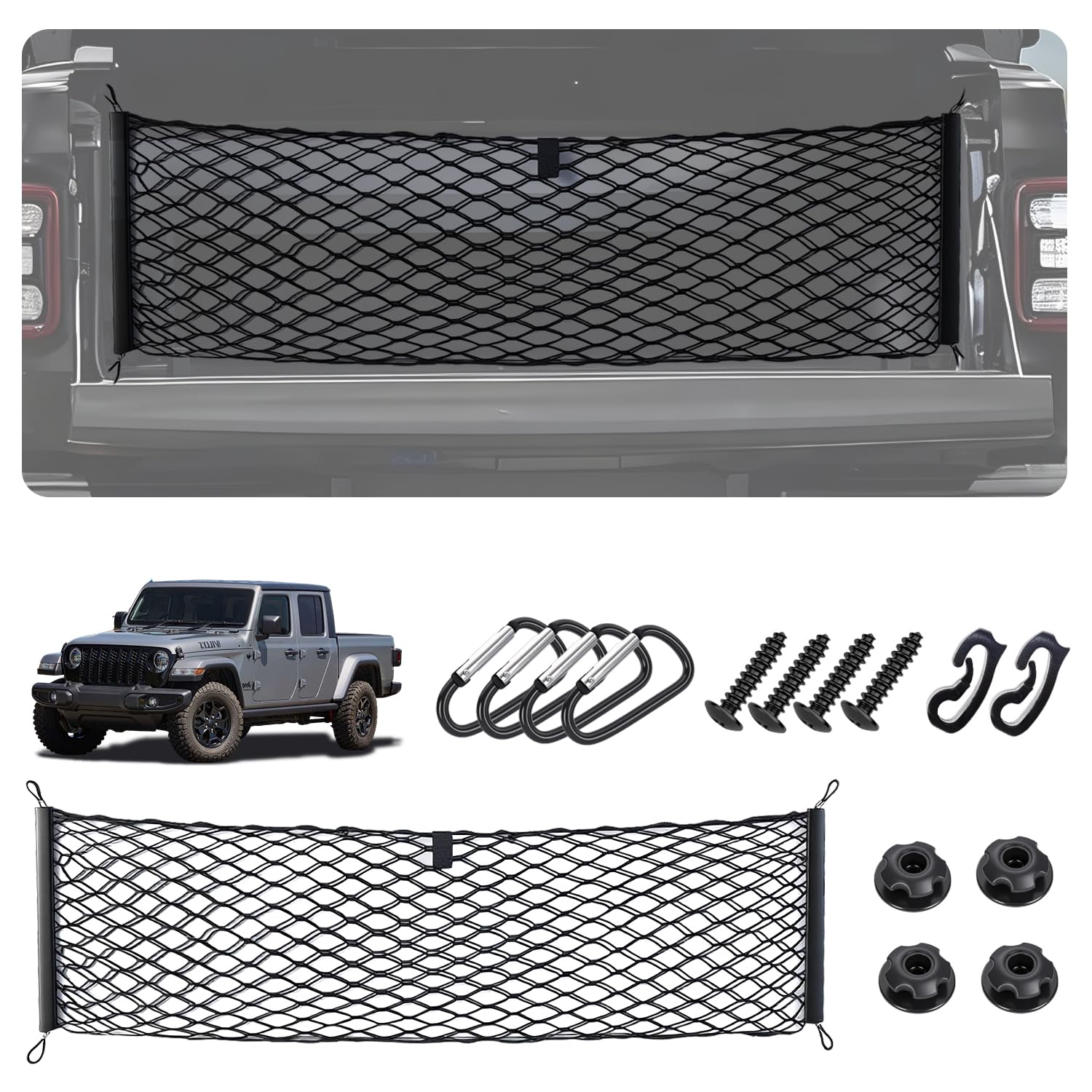 Envelope Style Cargo Net for 2020-2026 Jeep Gladiator Accessories, Rear Trunk SUV Mesh Cargo Net, Upgraded 5mm Bungee &amp; Double-Layer Nylon Storage Tailgate Netting Grocery&amp;Tools Holder Organizer