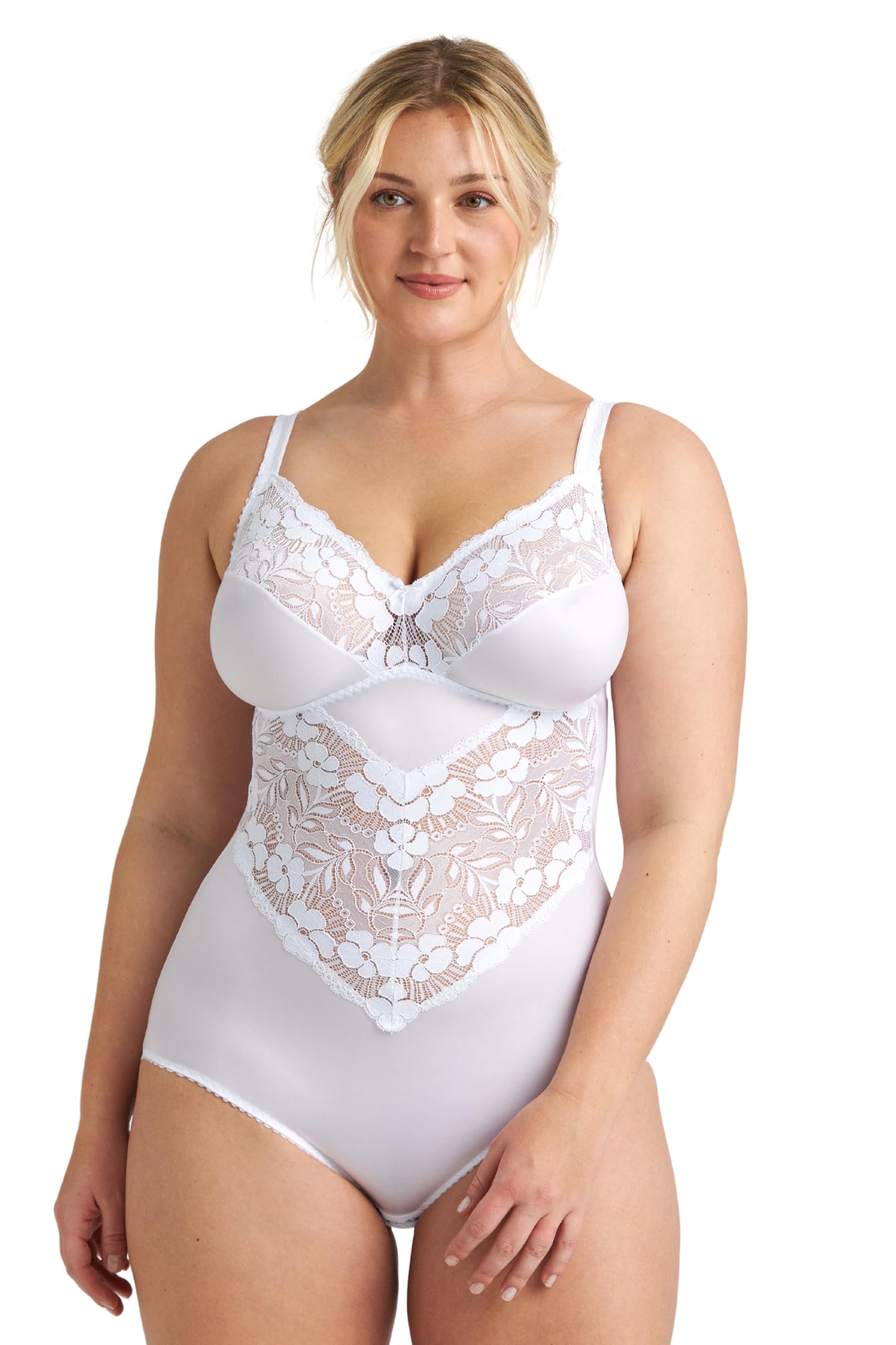 Miss Mary of Sweden Fantastic Flair Non-Wired Lace Body – Soft Support Bodysuit, Unpadded Cups, Stretch Lace, Flattering Fit 38DD White