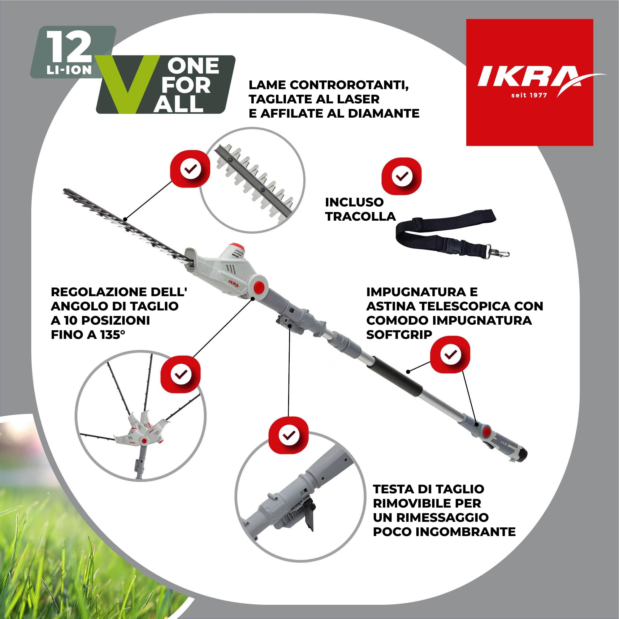 IKRA tagliasiepi telescopico IATHS 1241, incl. batteria e caricabatterie | Telescopico 1,80 m - 2,35 m, lunghezza di taglio 41 cm, regolazione dell'angolo di taglio, compatibile con batterie 12 V IKRA