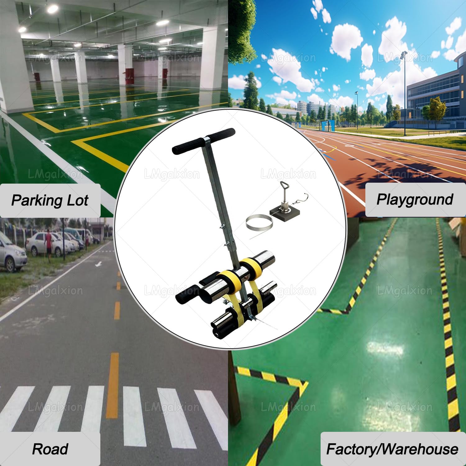 Cinta aplicadora de líneas multisuperficie para canchas deportivas, almacenes, fábricas, ancho máximo de cinta de 14 cm con graduaciones de precisión, incluye kit de círculo