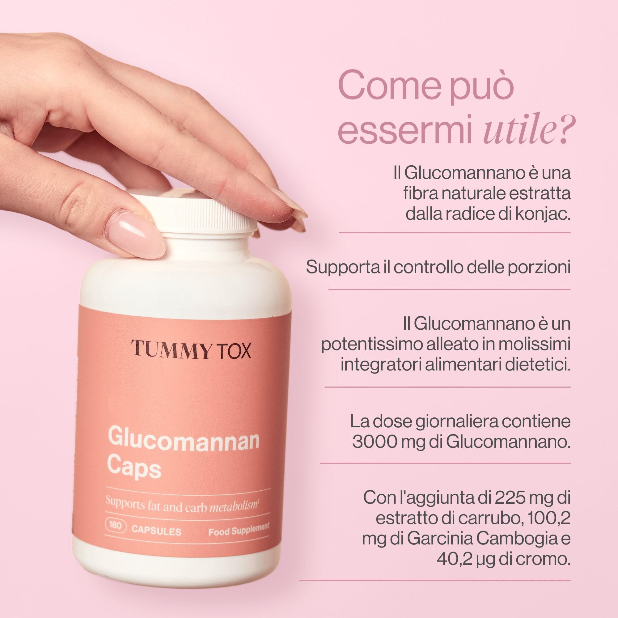Glucomannano Konjac 3000 mg, Capsule ad Alto Dosaggio con Cromo, Garcinia Cambogia ed estratto dell'albero di Carrubo, Vegano, 180 Capsule, Tummy Tox