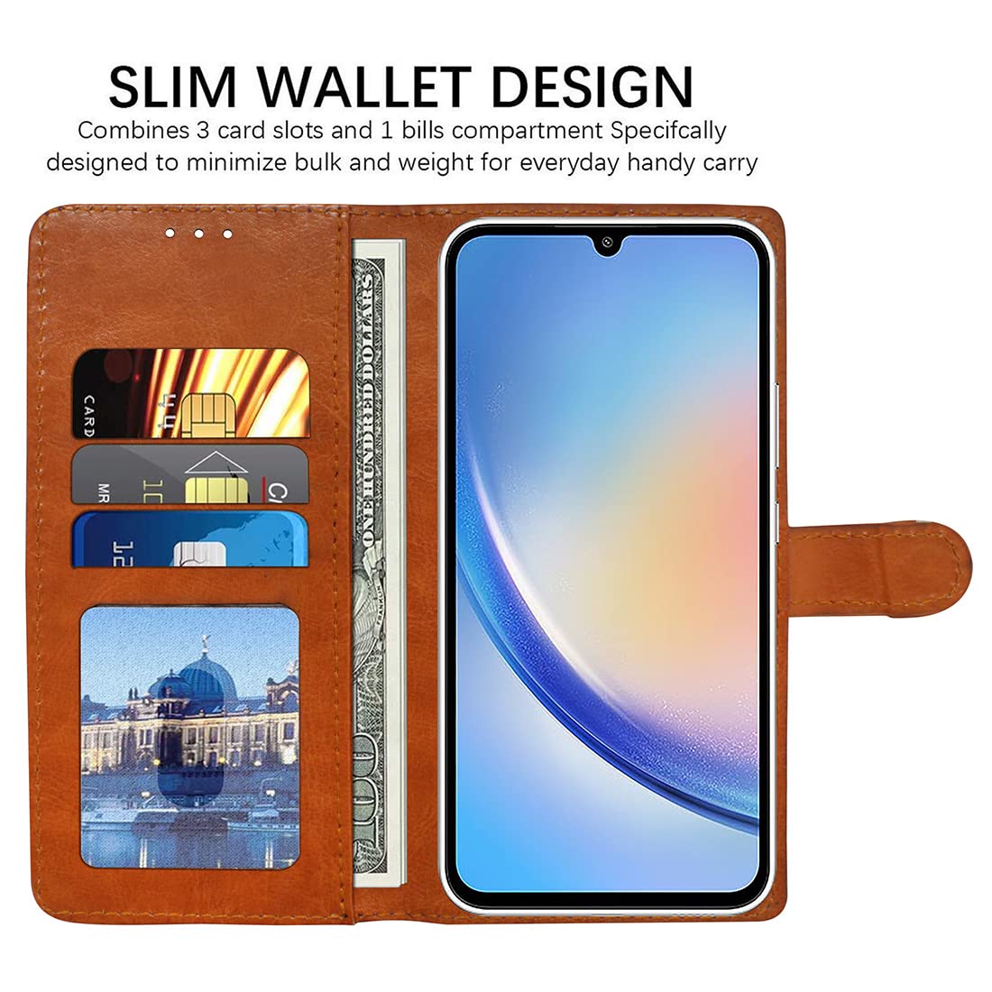 Casotec Flip Cover Compatible with Samsung Galaxy A34 5G | Premium Leather Finish | Inbuilt Pockets & Stand | Flip Cover Back Case for Samsung Galaxy A34 5G (CamelBlue) 1