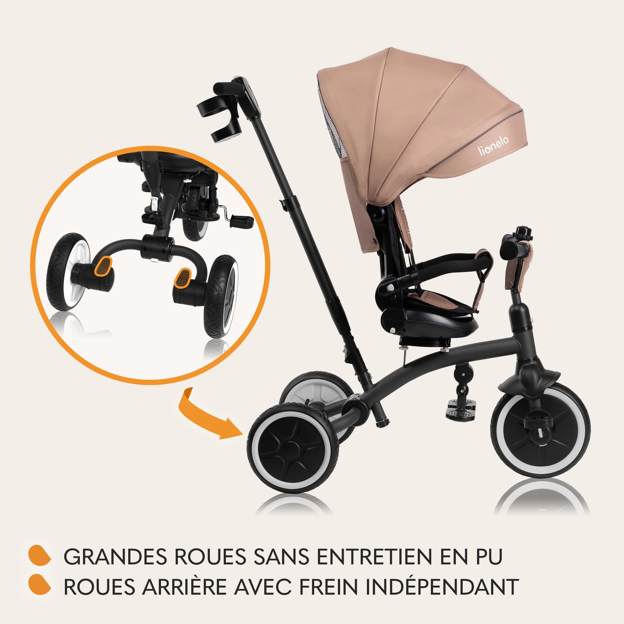 LIONELO Tris Plus Tricycle Multifonctionnel de 9 Mois à 5 Ans jusqu'à 25 kg, Poussette bébé, Grandes Roues en PU Siège Pivotant Dossier Réglable à360° Réglage Dossier sans Outils