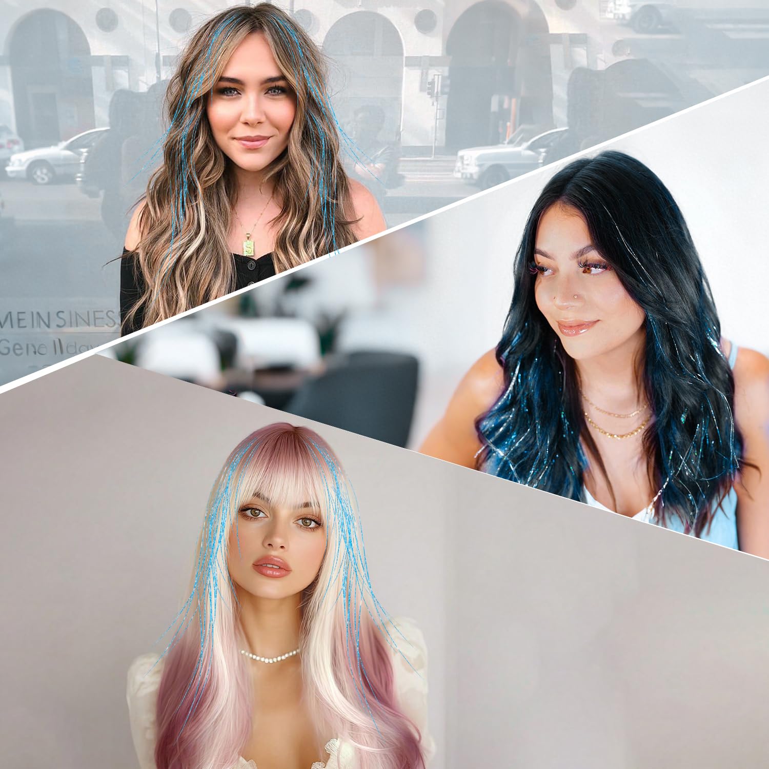 Kit de Tinsel Azul de 47 Pulgadas, Mechones de Extensiones de Pelo Brillante para Mujeres y Niñas, Accesorios de Fiesta