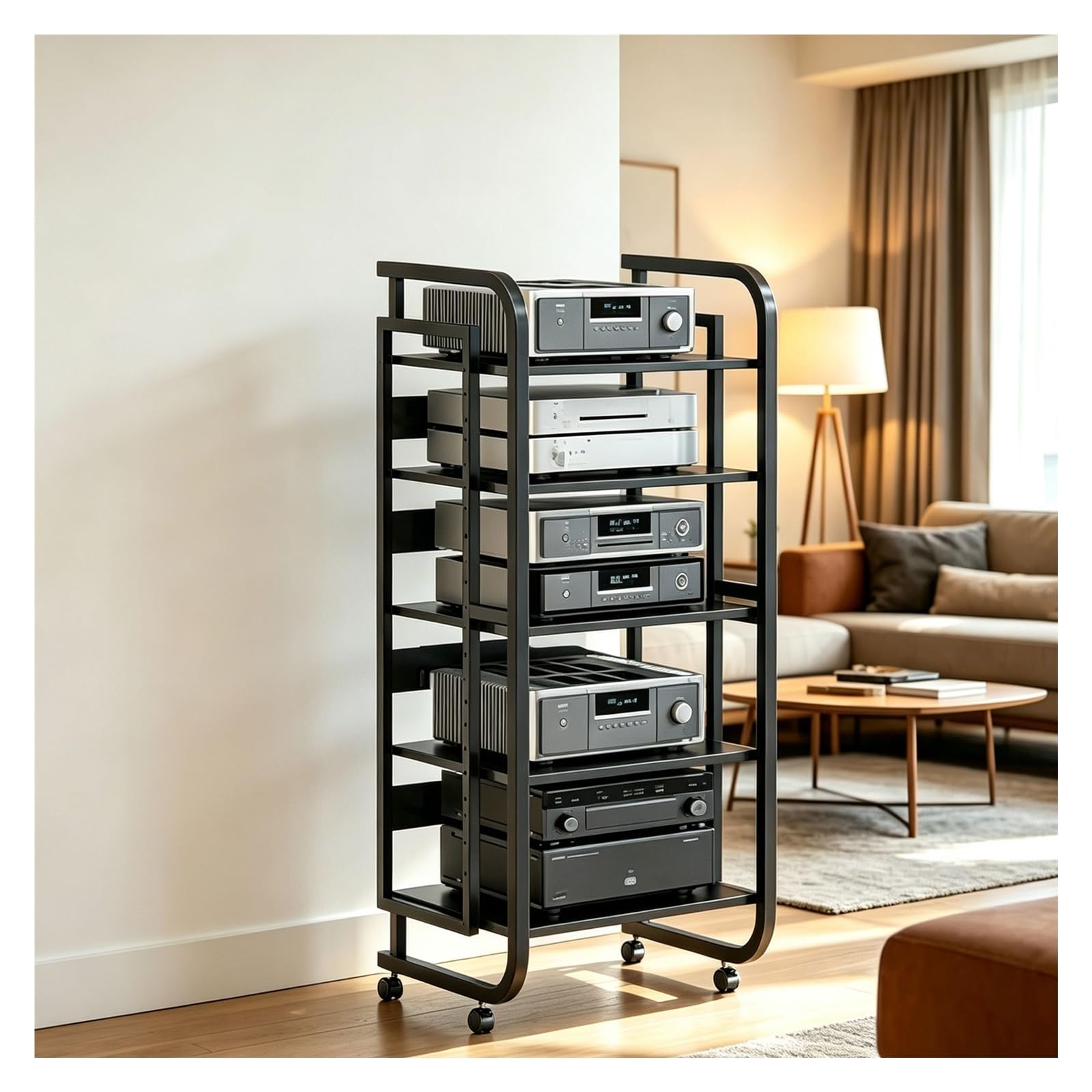 Soporte multimedia AV de 5 niveles: estante ajustable con ruedas para tocadiscos y CD