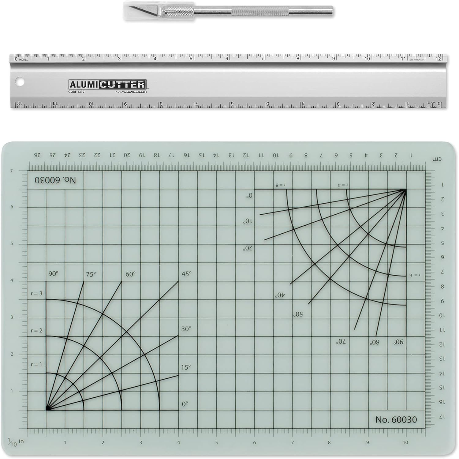 Alumicolor Cut-and-Measure Set w/Hobby Blade, Self-Healing Mat & AlumiCutter Ruler, 12IN, Silver
