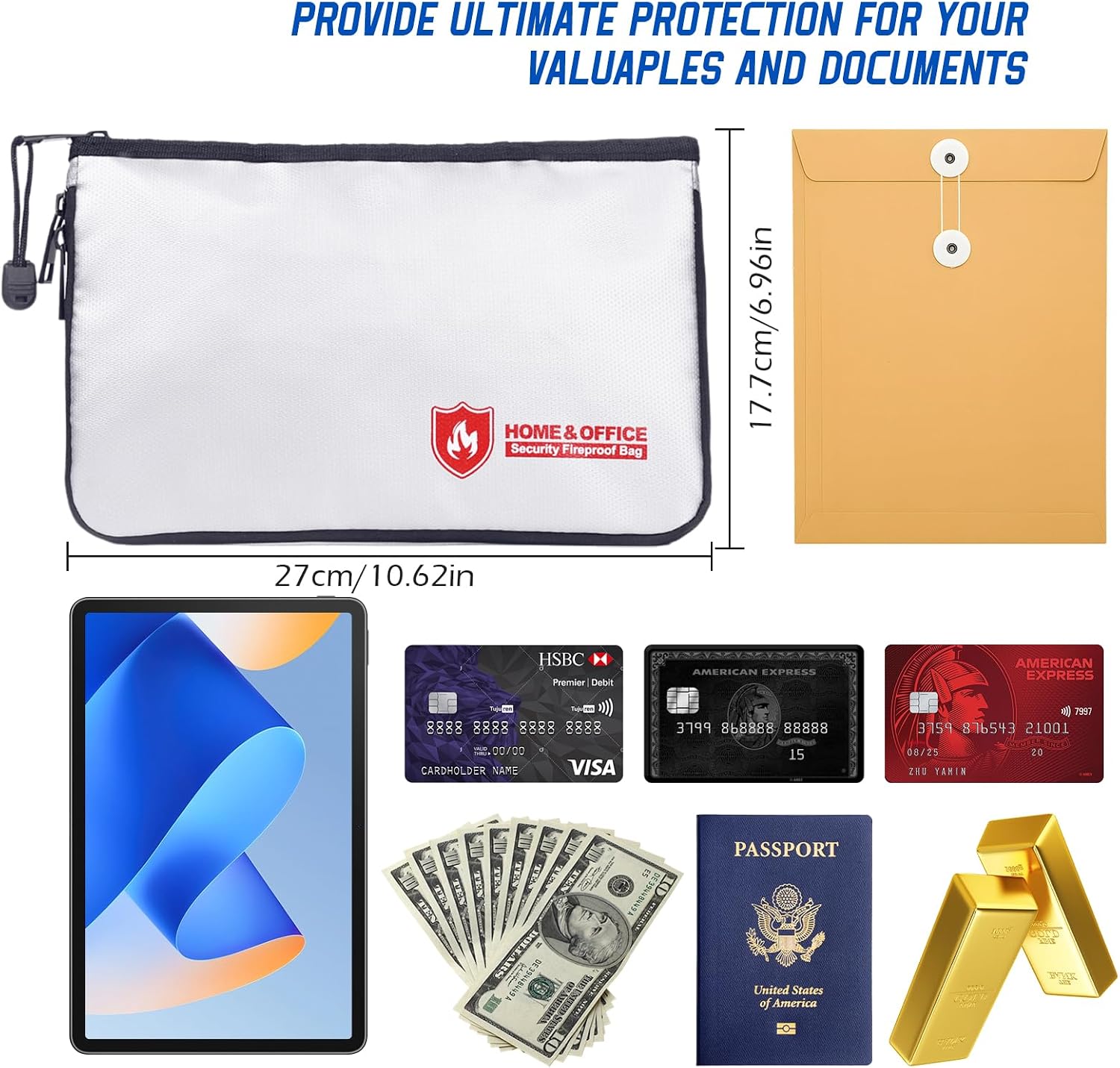 Fireproof Document Bag(3000℉),Waterproof Fireproof Money Bag for Cash with Zipper, Important Document Storage Organizer for Valuables, Legal Documents Safe（18”x 11”）