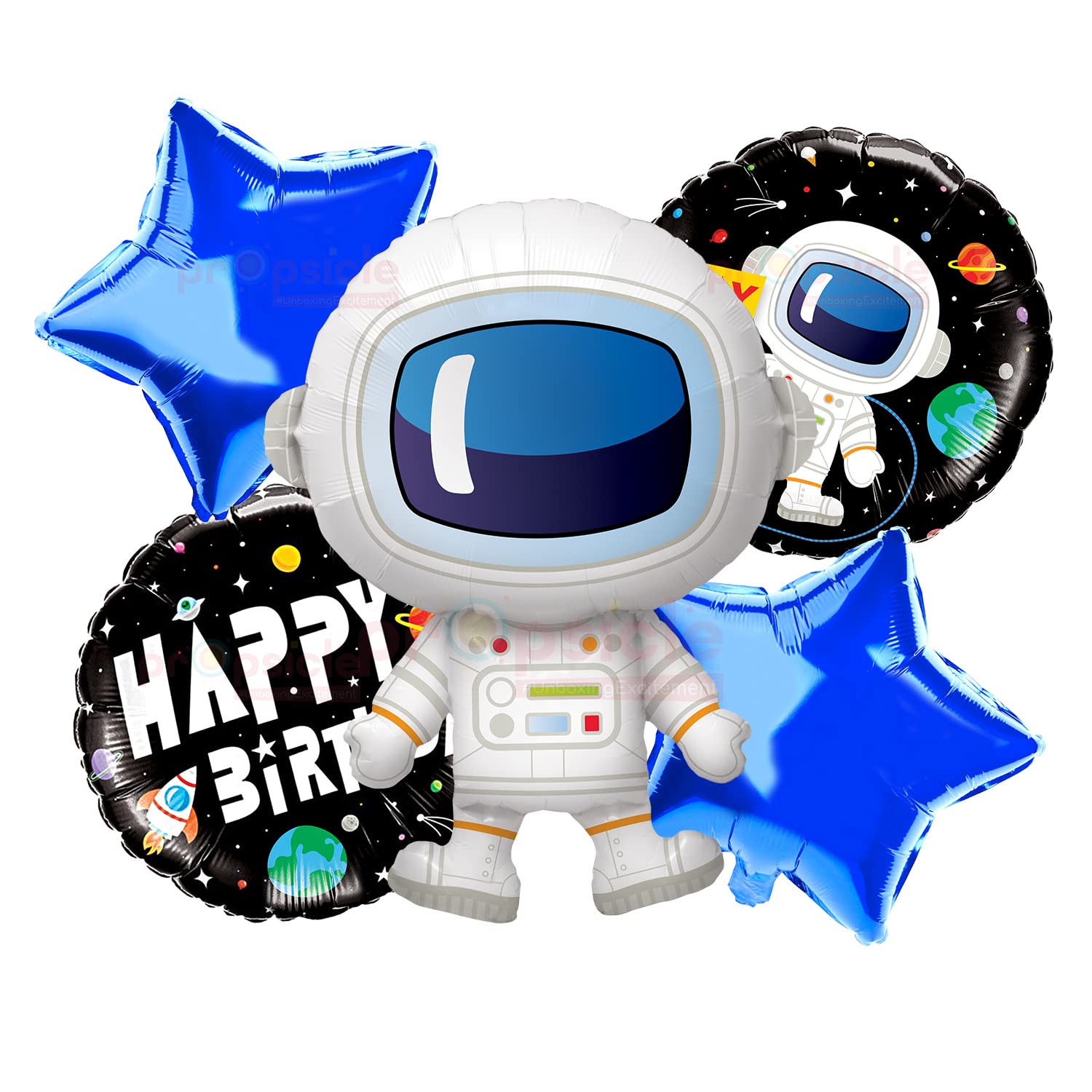 Propsicle Astronaut Space Theme Foil Balloons Set - Rocket, Stars & Round Balloons for Kids Birthday Decoration, Space Party Backdrop Pack of 5