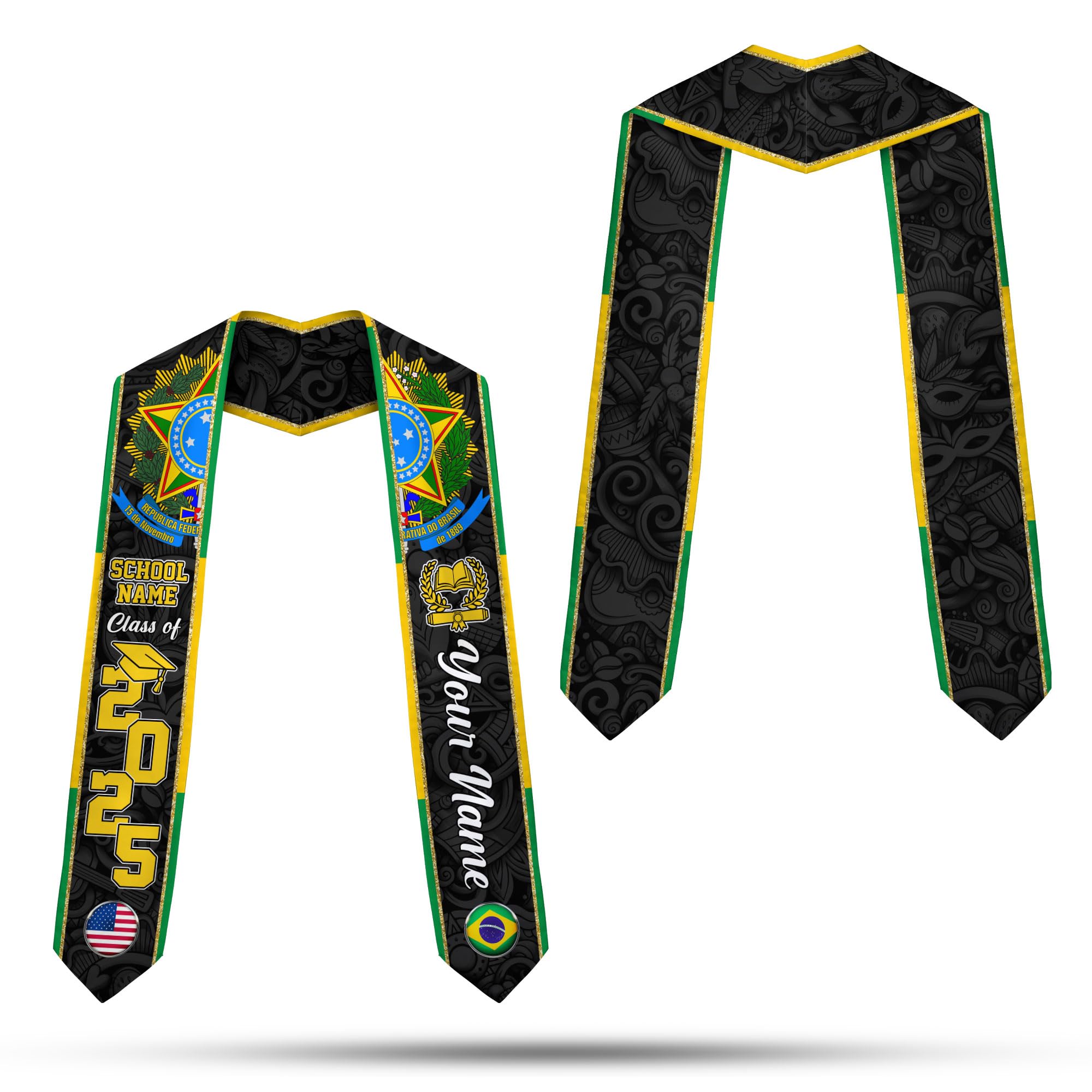 MonkeyVan Personalized Brazil Graduation Stole, Brazilian Graduation Sash, Brazil Flag Graduation Stole, Class of 2025 Bz8