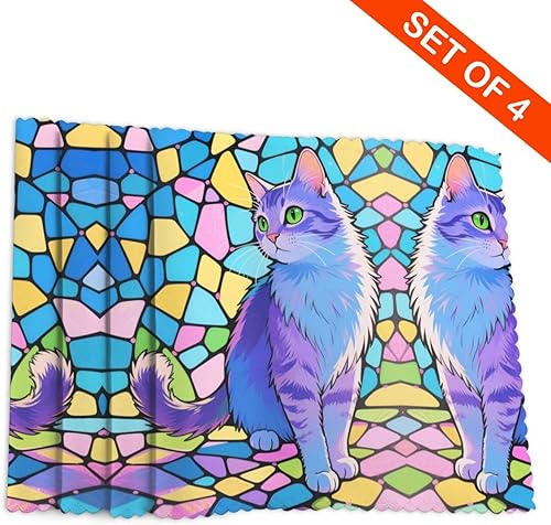 Miniatura 4 de Rectangular Placemats Set of 4, Heat Resistant Cat Printed Kitchen Dining Table Mats